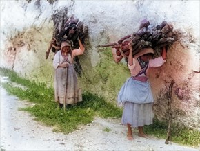 Two woman dragging firewood home