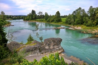 The river bank of the Lech in Lechbruck with a view of a rock formation. In the background is a wooded area with trees and a blue sky with white clouds. The picture has a peaceful and calm mood. Lechb...