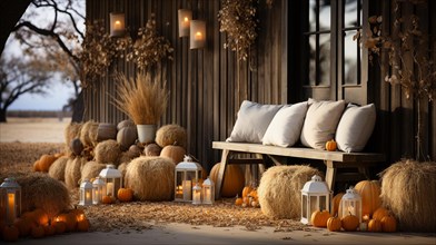 Fall and autumn beautifully decorated barn sitting area with pumpkins