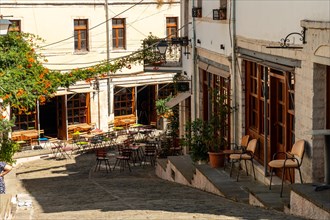 Restaurant area in the city of Gjirokaster or Gjirokastra. Albanian