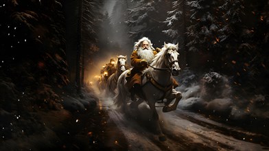 Father Christmas riding a horse through a snowy forest