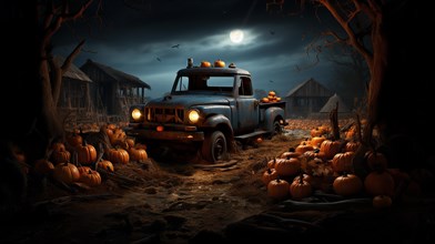 Spooky and fun collection of dozens of halloween pumpkins surrounding and old scary truck outside near barn in the moonlight on hallows eve