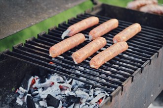 Grilling sausages on hot grid of barbeque