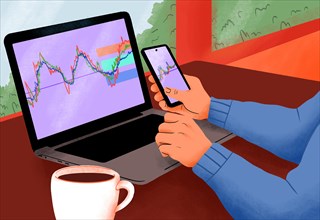 Illustration of a Man working with trading graphs in a cafe