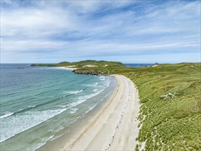 Aerial view of Balnakeil Beach and the Faraid Head peninsula with sandy beach and dune landscape