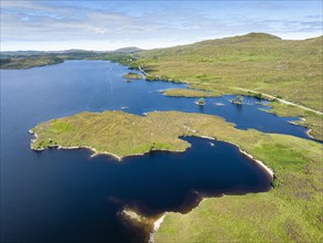 Aerial view of the freshwater loch Loch Assynt