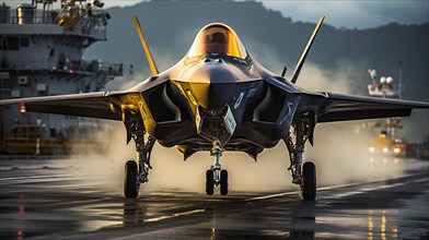 A lockheed martin F-35 fighter jet takes off of an aircraft carrier