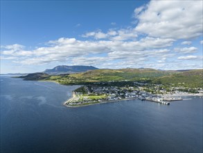 Aerial view of Loch Broom with the harbour town of Ullapool in the Northwest Highlands