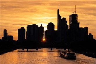 A ship sails at sunset on the Main towards the silhouette of Frankfurt's banking skyline