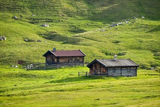 Alpine huts on the plateau of the horse-rider Alm in the Berchtesgaden National Park on the border between Bavaria and Austria