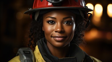 Female african american firefighter wearing protective helmet and gear at a fire incident