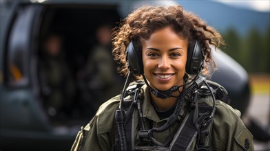 Female african american military helicopter pilot standing near her aircraft
