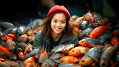 Younger Vietnamese woman selling fish at a market