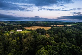 Twilight over Fields and Farms from a drone