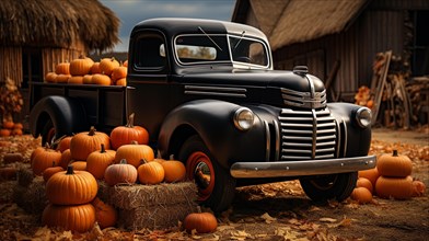Pumpkins surround a vintage truck in a fall barn country setting