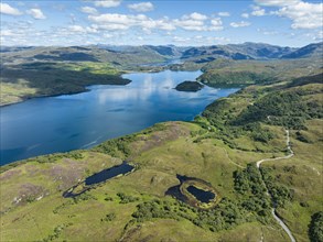 Aerial view of the freshwater loch Loch a' Chairn Bhain in the Northwest Highlands