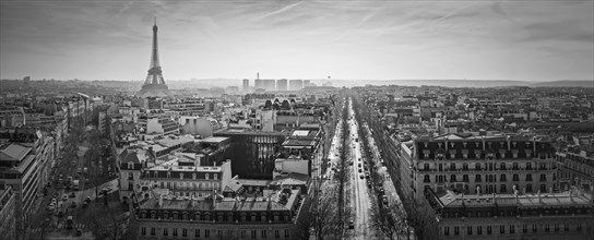 Paris cityscape black and white panorama with view to the Eiffel Tower