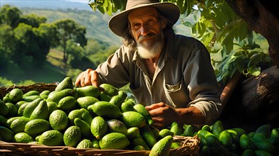 A farmer harvests avocados
