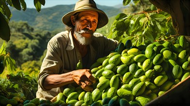 A farmer harvests avocados