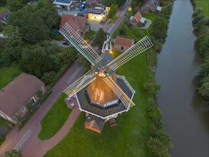 Aerial view of the twin mills at the Old Greetsiel Low Seal