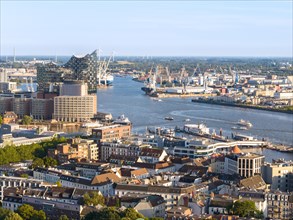 Aerial view of the Port of Hamburg with Landungsbruecken and Elbe Philharmonic Hall
