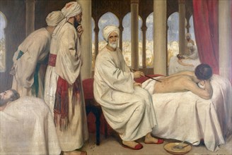 Albucasis caring for a patient in Cordova Hospital. Oil painting by Ernest Board. Albucasis
