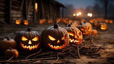 Spooky and fun collection of dozens of halloween carved pumpkins outside on hallows eve