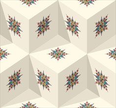 Decorative geometric repeating pattern inspired by Al-Qatt Al-Asiri traditional paintings