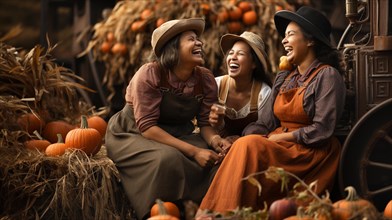 Three girlfriends laughing together while enjoying the fall gathering on the farm