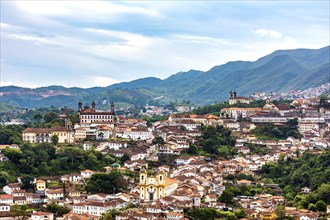 Panoramic view of the historic city of Ouro Preto with its church and baroque-style buildings