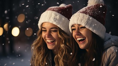 Festive young girls wearing santa hats laughing together in the snowy evening. generative AI