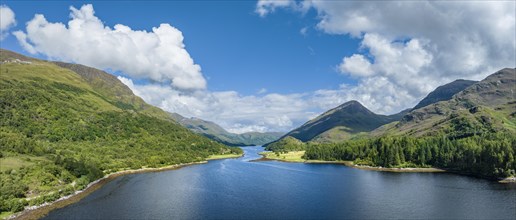 Aerial panorama of the eastern part of the freshwater loch Loch Leven