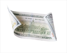 One hundred dollar bill falling or floating on empty background