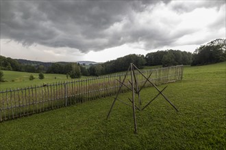 Rainy weather with meadow and farm