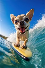 Excited Chihuahua riding a wave on a surfbard on a sunny day with blue sky. AI generated