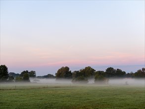 Fog over the meadows at the edge of the village