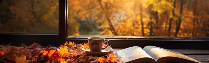 Cup and open book resting on window sill with a fall mountain country view banner