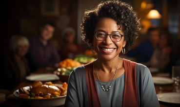 Proud middle-aged african american woman wearing an apron stands near her family and her seasonal meal she prepared in her house