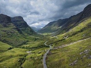 Aerial view of Glen Coe with the A82 scenic road