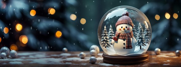 Christmas snow globe with snowman on a wood surface banner. generative AI