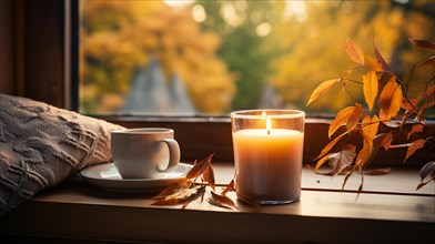 Candle and cup resting on window sill with a fall mountain country veiw