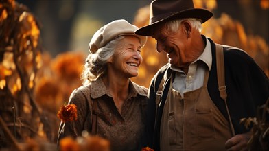 A loving senior couple enjoying the fall gathering on the farm