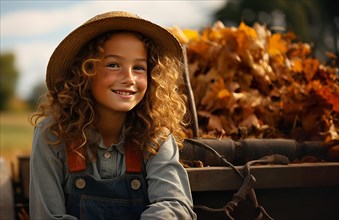 Cute little country farmer girl sitting amongst the fall foliage on the tractor