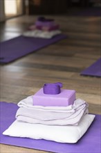 Yoga studio with mats on the floor. Vertical shot