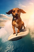 Excited Dachshund riding a wave on a surfbard on a sunny day with blue sky. AI generated