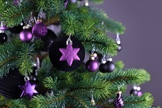 Close up of star shaped purple glass tree ornament bauble with decorated Christmas tree with other seasonal tree ornaments on dark gray background
