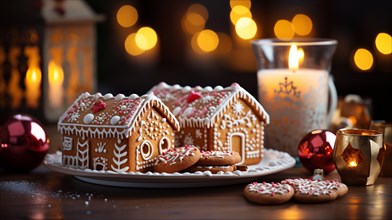 Christmas gingerbread house and treats on a small plate amist the decorations. generative AI