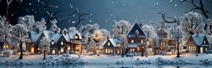 Miniature holiday christmas decorated town and snowy village scene banner. generative AI