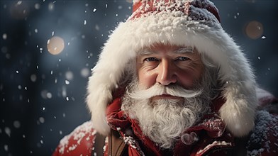 Santa clause dressed man with white beard outside on a snowy christmas night. generative AI