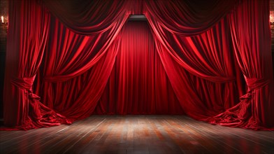 Dramatically lit lustrous red velvet theatre curtains and wooden stage floor. generative AI